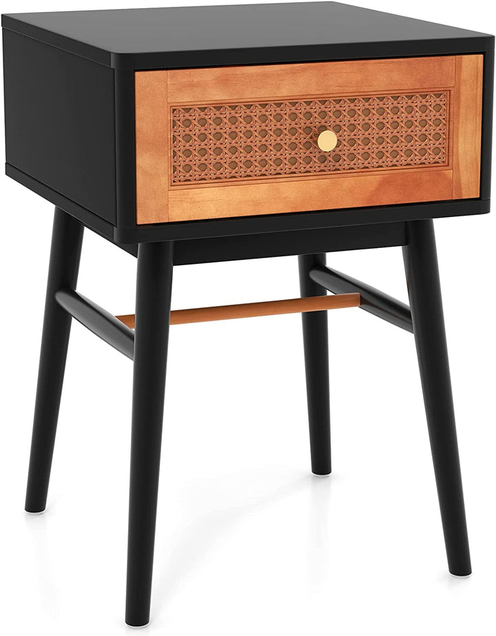Giantex Rattan Nightstand, Boho End Side Table with Rattan Decorated Storage Drawer &amp; Solid Wood Legs