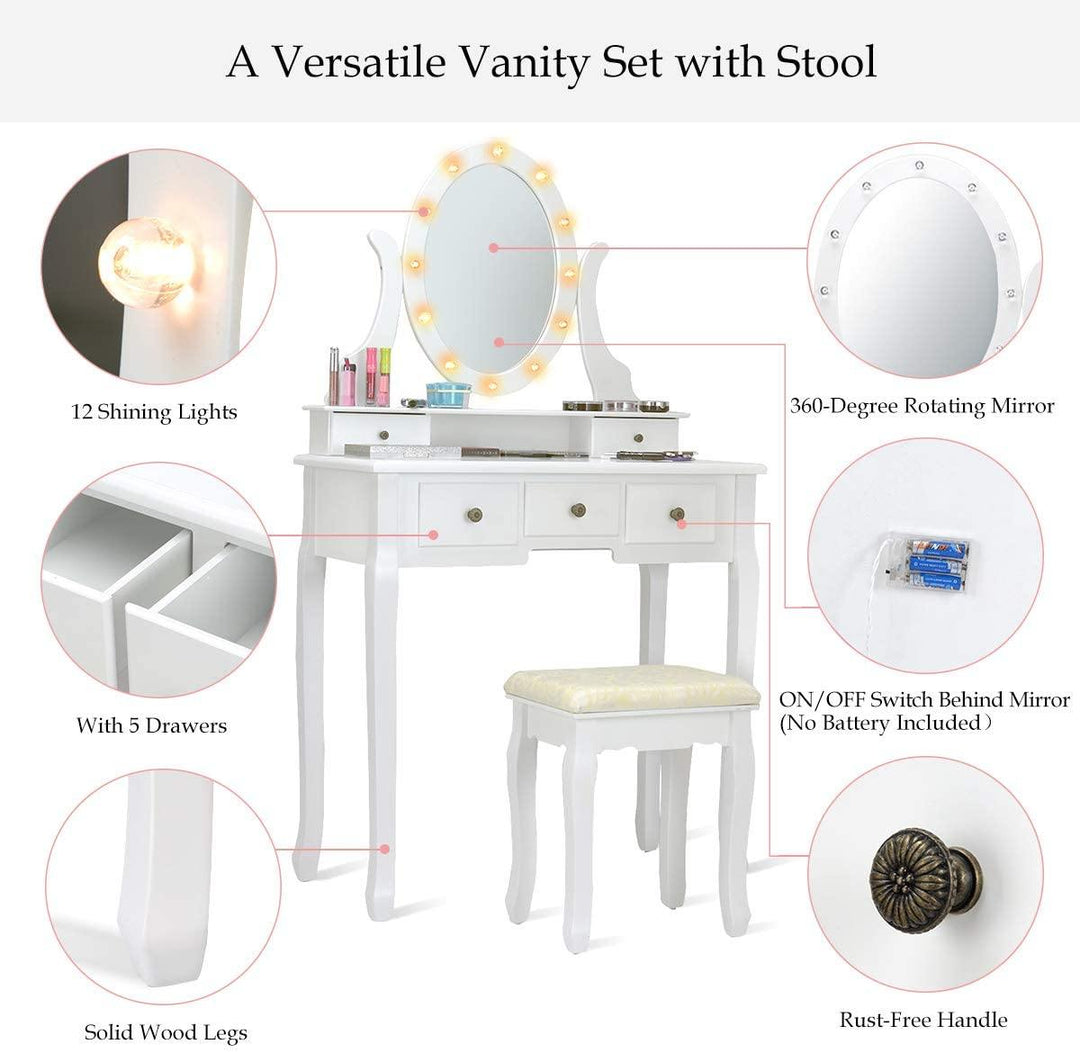 LED Vanity Set Dressing Table with Mirror White Makeup Vanities with Padded Stool - Giantexus