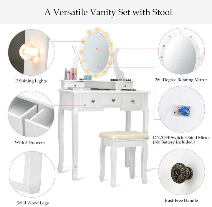 LED Vanity Set Dressing Table with Mirror White Makeup Vanities with Padded Stool - Giantexus