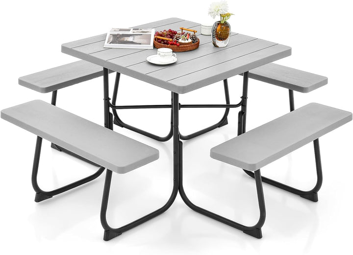 Giantex Picnic Table Set for 4-8 Persons, Outdoor Table and Bench Set with Umbrella Hole, HDPE Top &amp; Metal Frame