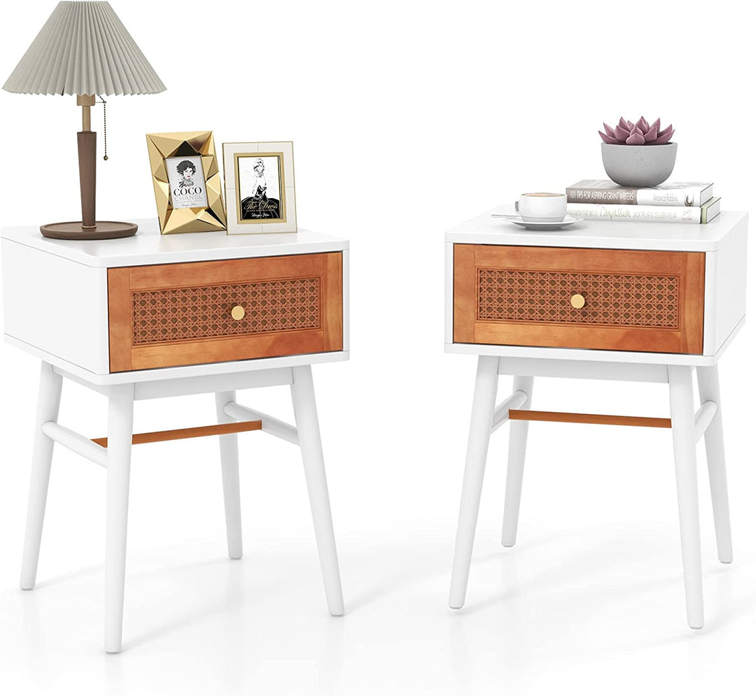 Giantex Rattan Nightstand, Boho End Side Table with Rattan Decorated Storage Drawer &amp; Solid Wood Legs