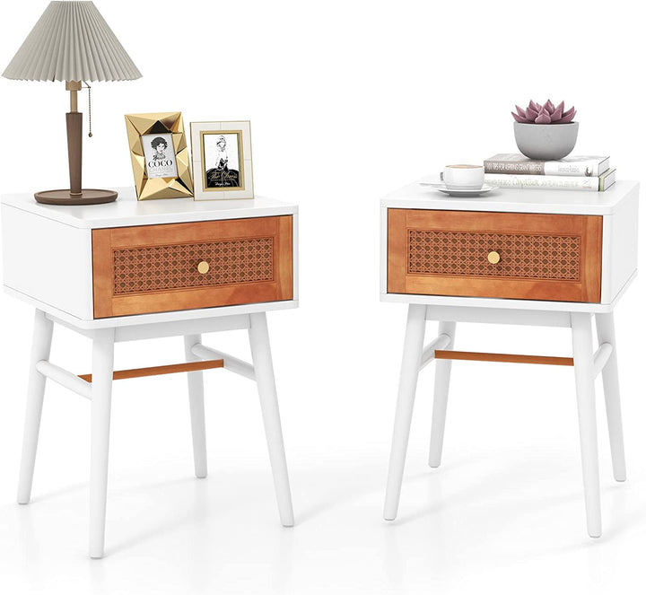 Giantex Rattan Nightstand, Boho End Side Table with Rattan Decorated Storage Drawer &amp; Solid Wood Legs