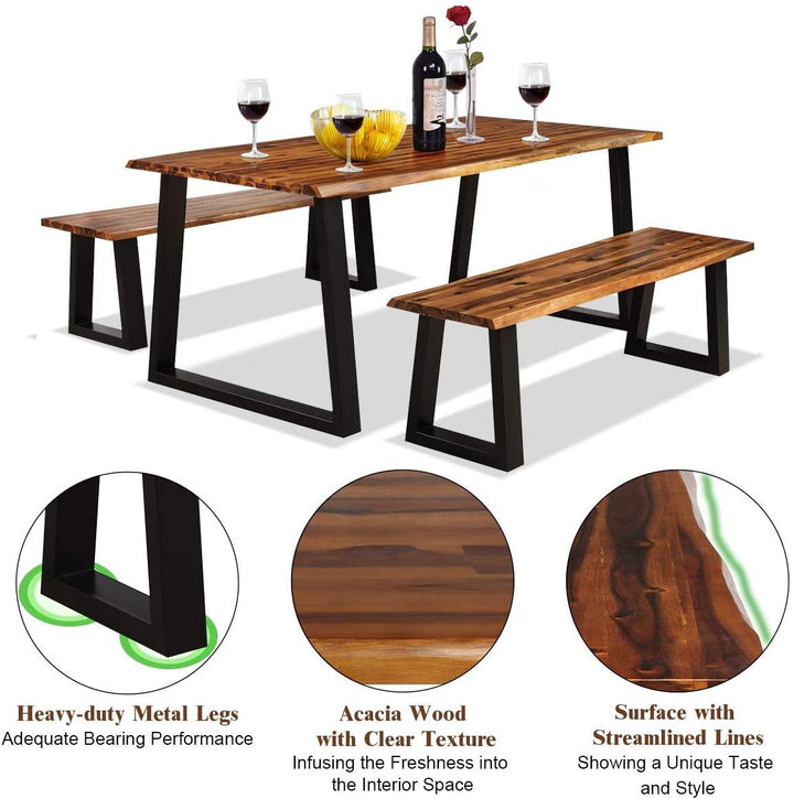 3PCS Wooden Dining Set Bench Chair Rustic Indoor &amp;Outdoor Furniture - Giantexus