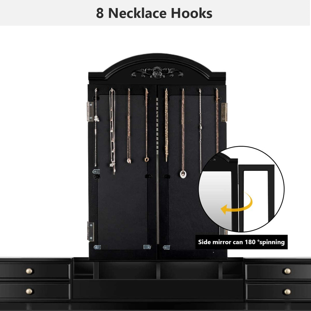 Vanity Set with Tri-Folding Mirror &amp; 8 Necklace Hooks, 7 Drawers, 2 Dividers, 6 Desktop Makeup Organizers - Giantexus