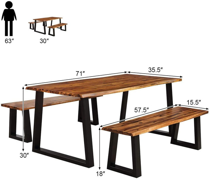 3PCS Wooden Dining Set Bench Chair Rustic Indoor &amp;Outdoor Furniture - Giantexus
