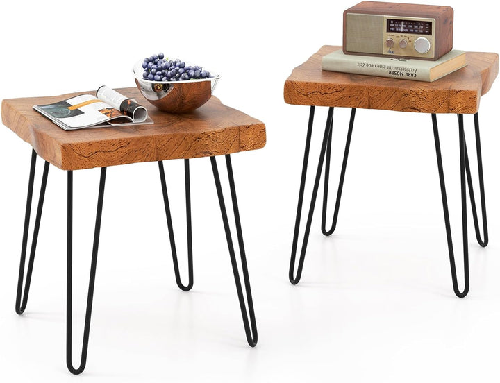 Giantex Teak Wood End Table, Solid Live Edge Outdoor Side Table w/Natural Grain &amp; Heavy-Duty Metal Legs