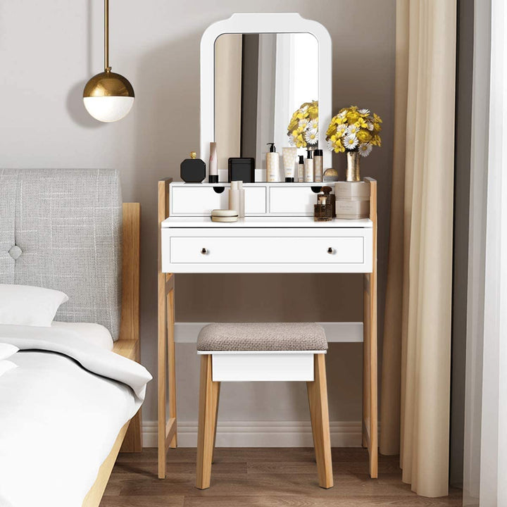 CHARMAID Vanity Set with 2-Tier Tabletop &amp; 3 Drawers, 25inch Dressing Table with Large Mirror and Cushioned Stool - Giantexus