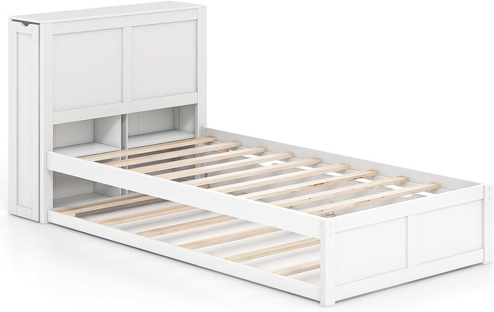 Giantex Full Bed Frame with Twin Trundle, Wooden Bed Wooden Bed Frame with 2 Rolling Bookcases &amp; High Headboard