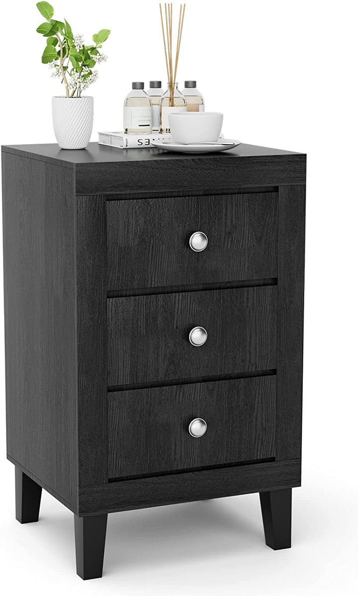 Giantex Nightstand with 3 Drawers, 26.5" Wood End Side Table w/Handles &amp; Rubber Solid Wood Legs