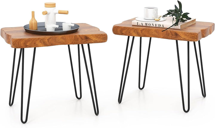 Giantex Teak Wood End Table, Solid Live Edge Outdoor Side Table w/Natural Grain &amp; Heavy-Duty Metal Legs
