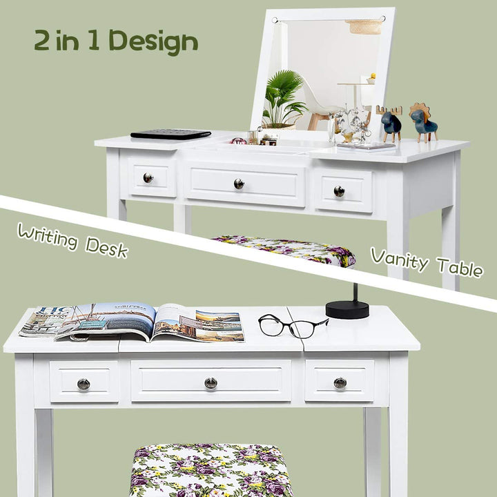 CHARMAID Vanity Set with Flip Top Mirror and 3 Drawers &amp;7 Compartments, White - Giantexus