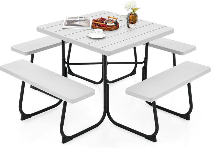 Giantex Picnic Table Set for 4-8 Persons, Outdoor Table and Bench Set with Umbrella Hole, HDPE Top &amp; Metal Frame