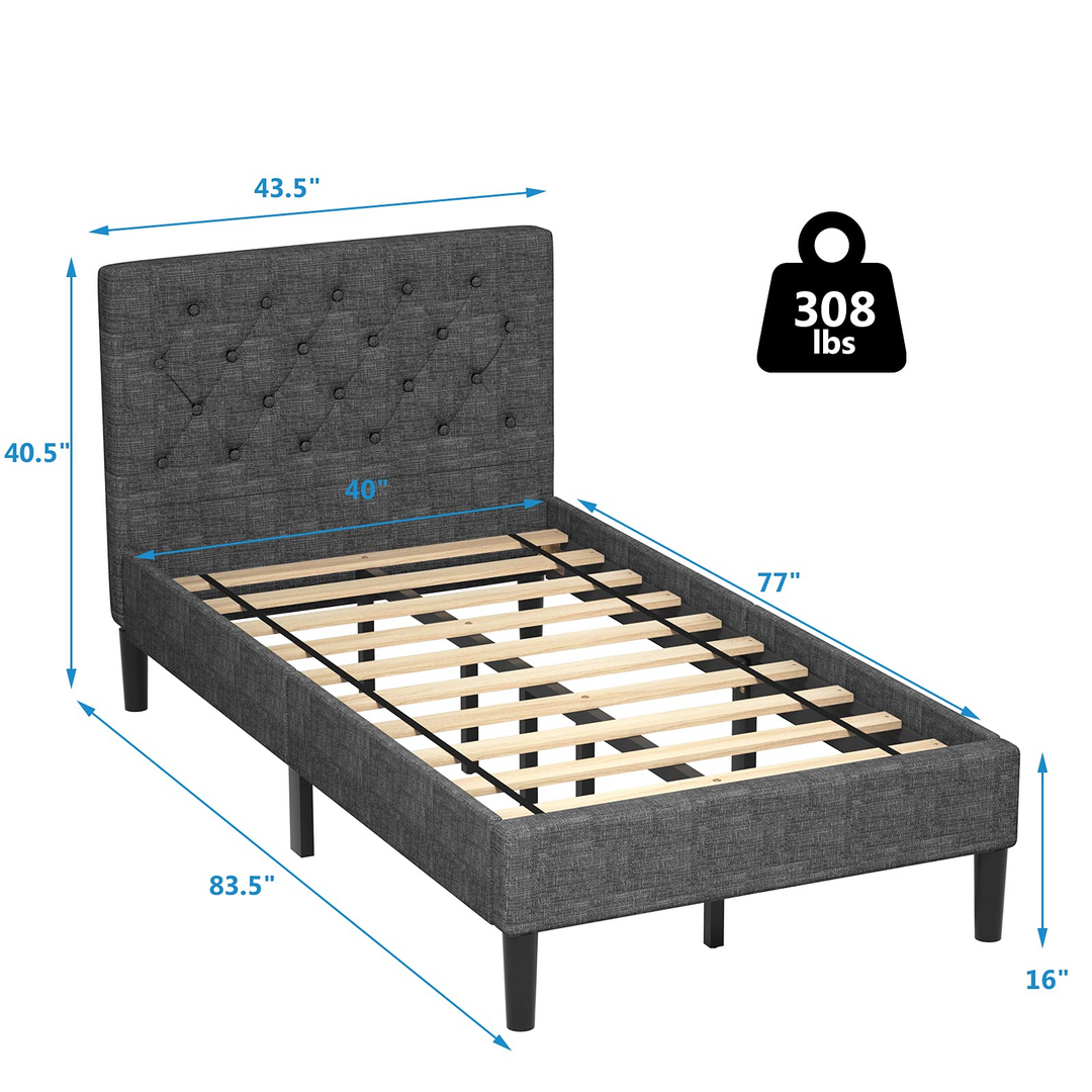Elegant &amp; Modern Style Twin Size Upholstered Stable Bed Base with Button Stitched Headboard