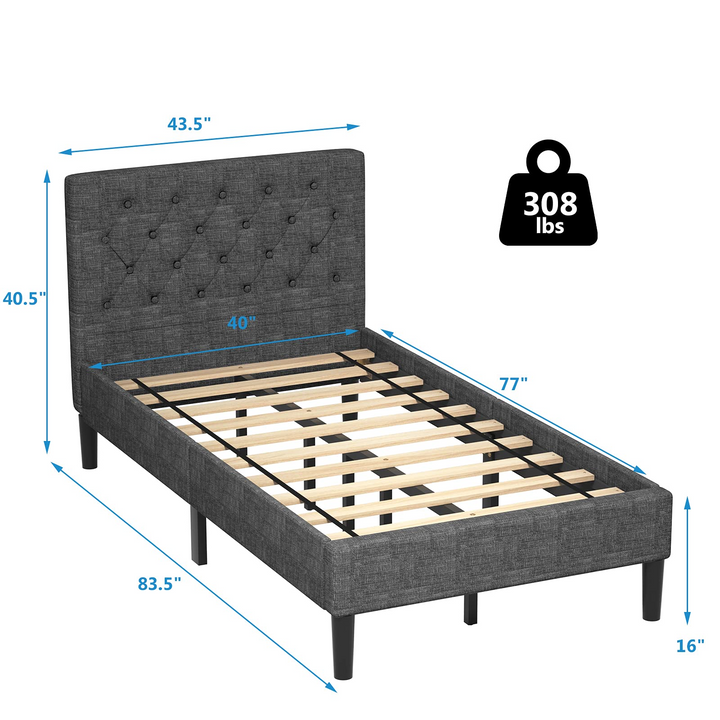Elegant &amp; Modern Style Twin Size Upholstered Stable Bed Base with Button Stitched Headboard
