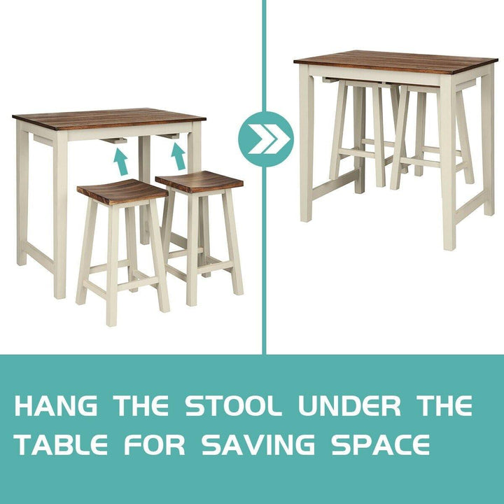 3 Piece Pub Dining Set, Counter Height Pub Table with 2 Saddle Bar Stools, Tavern Collection Table (Brown &amp; Milky White) - Giantexus