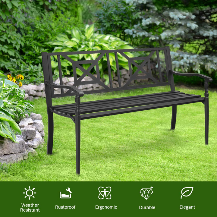 Giantex Elegant Loveseat w/Decorative Backrest &amp; Ergonomic Armrest for Outdoor Garden, Backyard, Lawn, Porch, Path (Black)