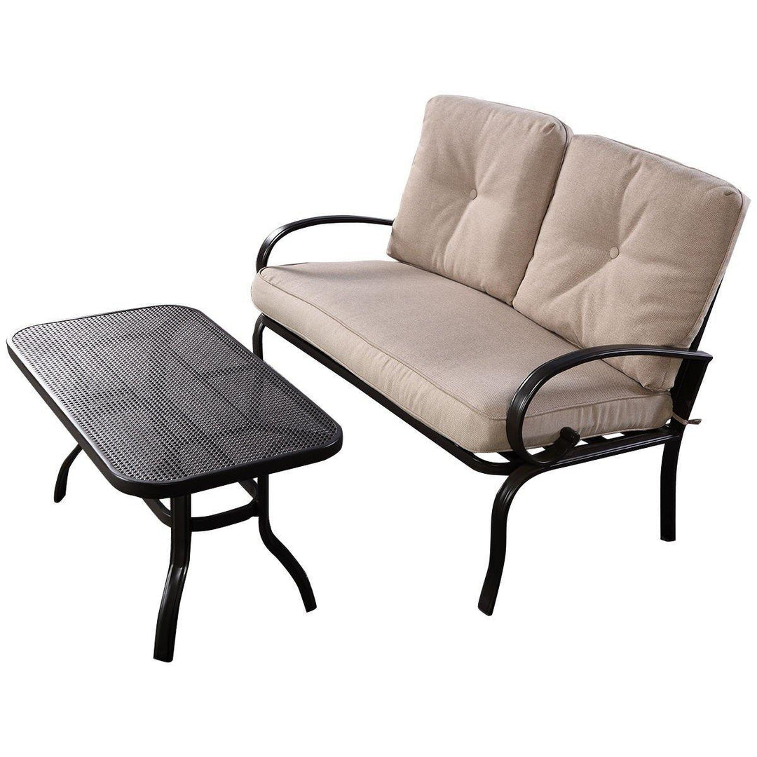 2 Pcs Patio Loveseat with Coffee Table Outdoor Bench with Cushion and Metal Frame(Beige &amp; Black) - Giantexus