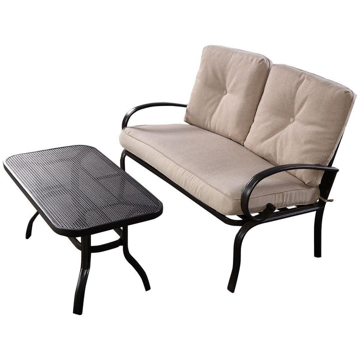 2 Pcs Patio Loveseat with Coffee Table Outdoor Bench with Cushion and Metal Frame(Beige &amp; Black) - Giantexus