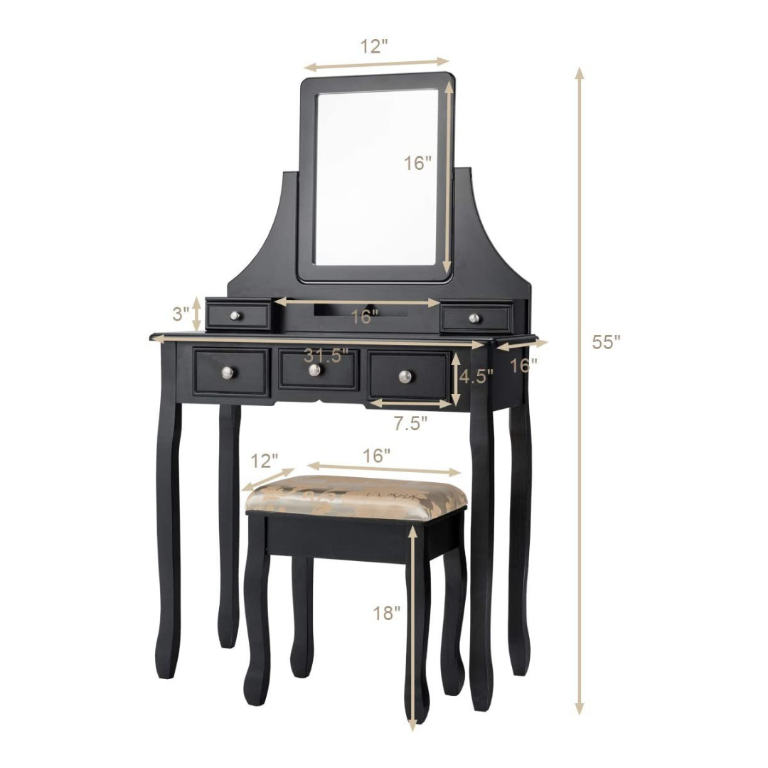 CHARMAID Makeup Vanity Set with Mirror and Cushioned Stool, 5 Drawers and Removable Storage Organizers - Giantexus
