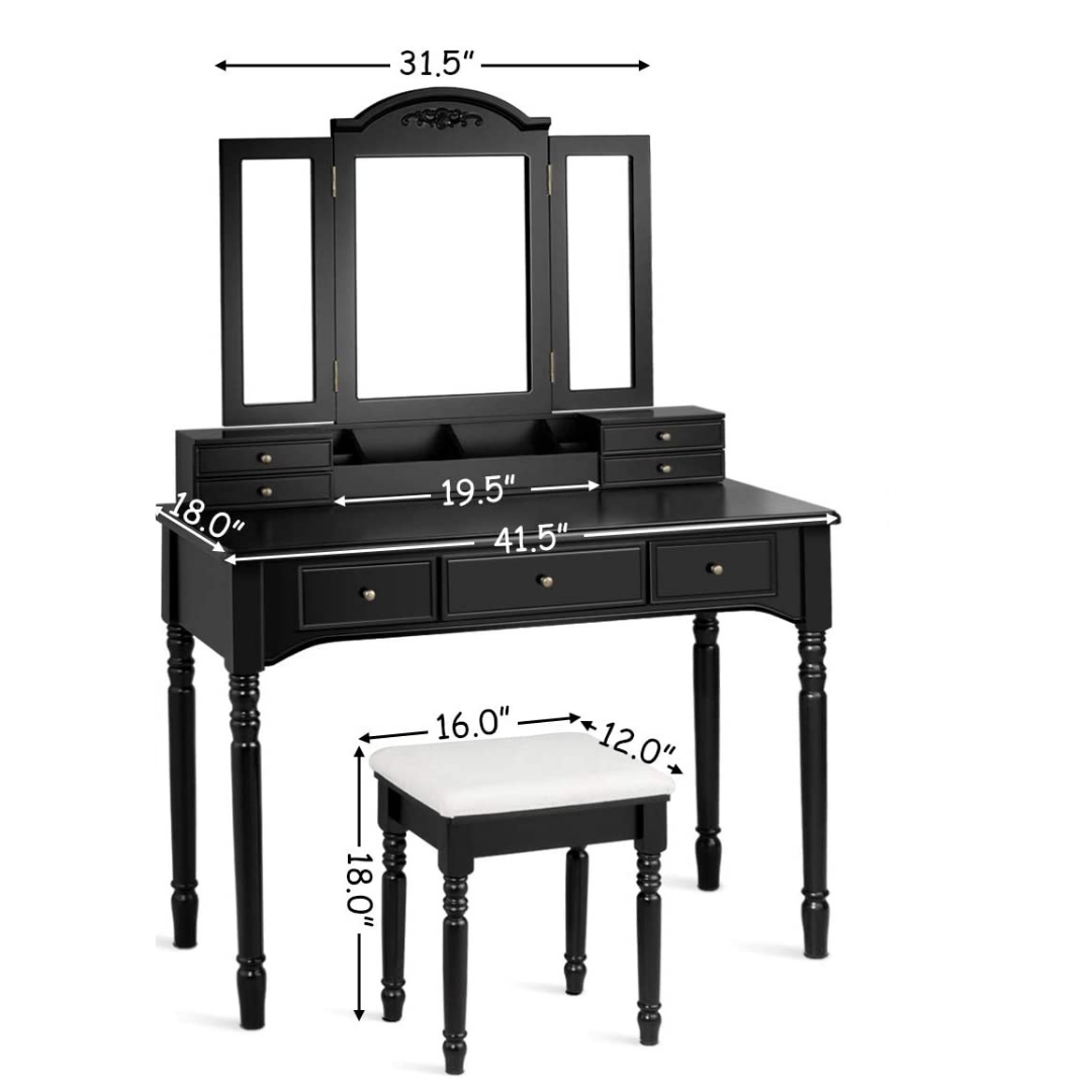 Vanity Set with Tri-Folding Mirror &amp; 8 Necklace Hooks, 7 Drawers, 2 Dividers, 6 Desktop Makeup Organizers - Giantexus