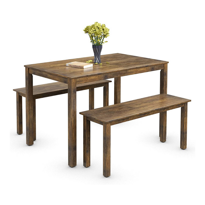 Wooden 3 Pcs Kitchen Dining Room Furniture for 4, Modern Studio Collection Table Set with 2 Benches, Dinette Set