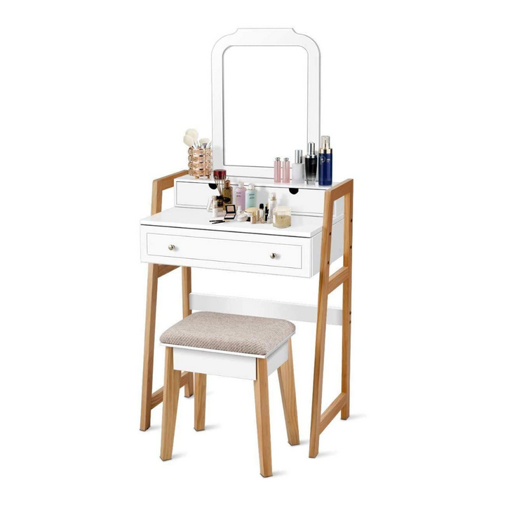 CHARMAID Vanity Set with 2-Tier Tabletop &amp; 3 Drawers, 25inch Dressing Table with Large Mirror and Cushioned Stool - Giantexus