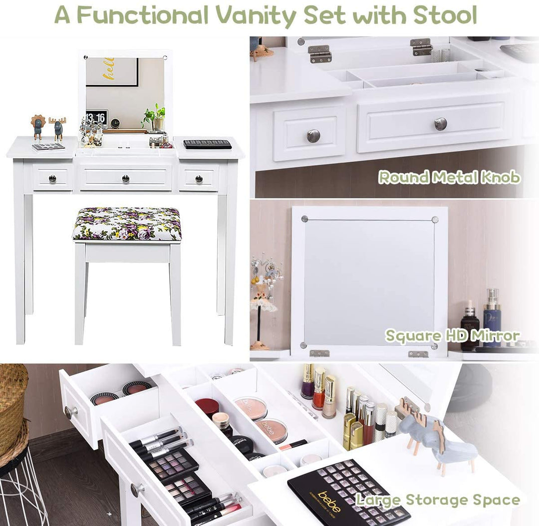 CHARMAID Vanity Set with Flip Top Mirror and 3 Drawers &amp;7 Compartments, White - Giantexus
