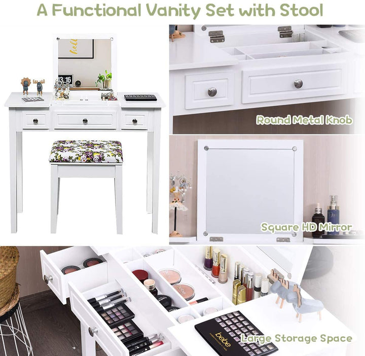 CHARMAID Vanity Set with Flip Top Mirror and 3 Drawers &amp;7 Compartments, White - Giantexus