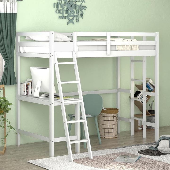 Giantex Twin Size Loft Bed with Desk, Solid Wood Loft Bed with 2 Ladders &amp; Full Length Guardrail