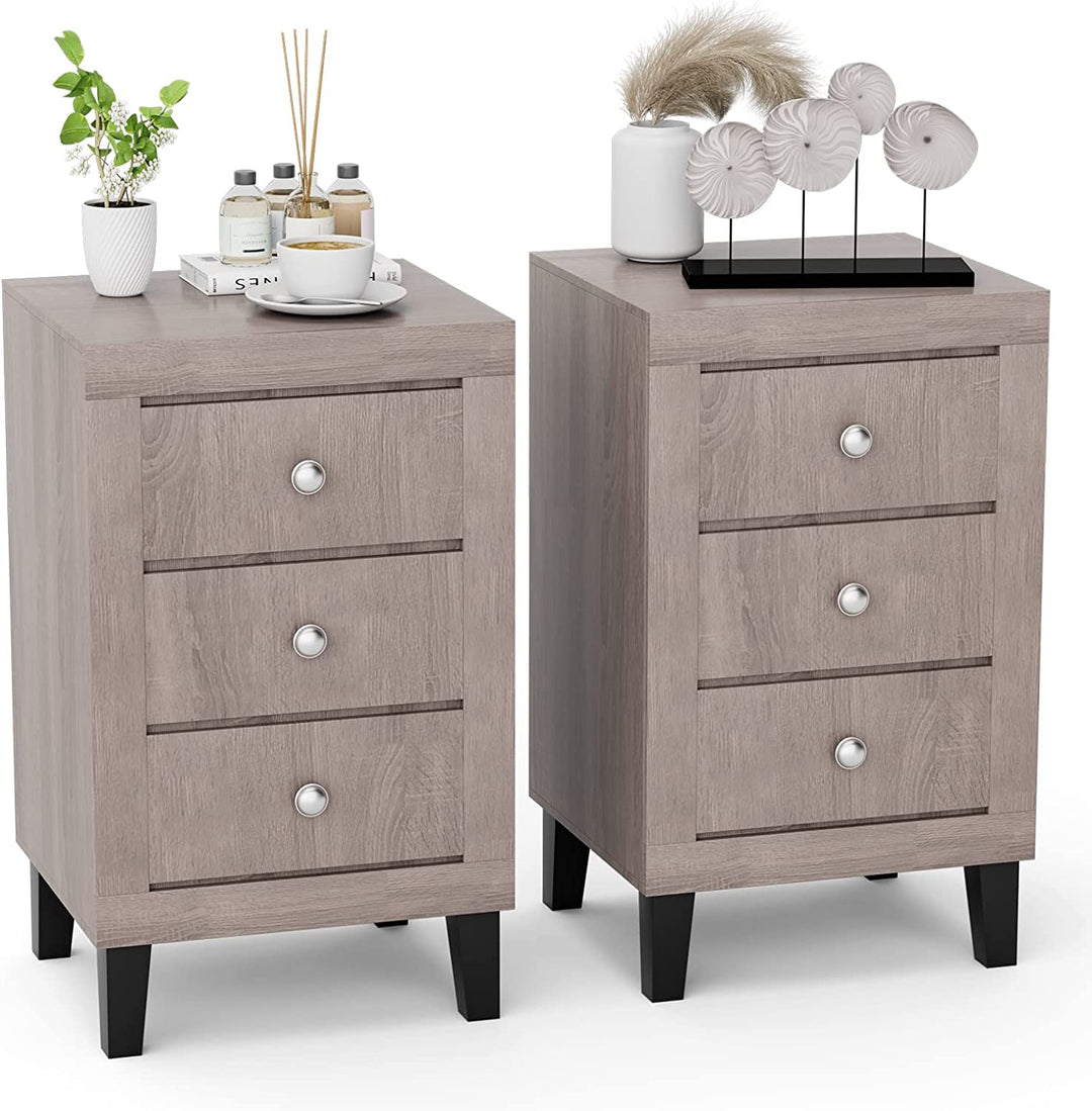 Giantex Nightstand with 3 Drawers, 26.5" Wood End Side Table w/Handles &amp; Rubber Solid Wood Legs