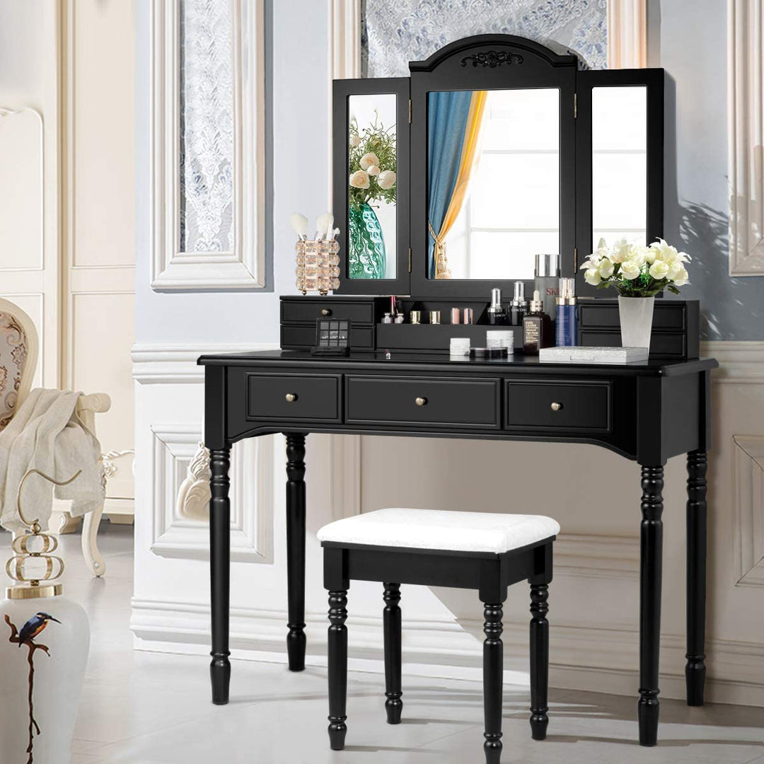 Vanity Set with Tri-Folding Mirror &amp; 8 Necklace Hooks, 7 Drawers, 2 Dividers, 6 Desktop Makeup Organizers - Giantexus