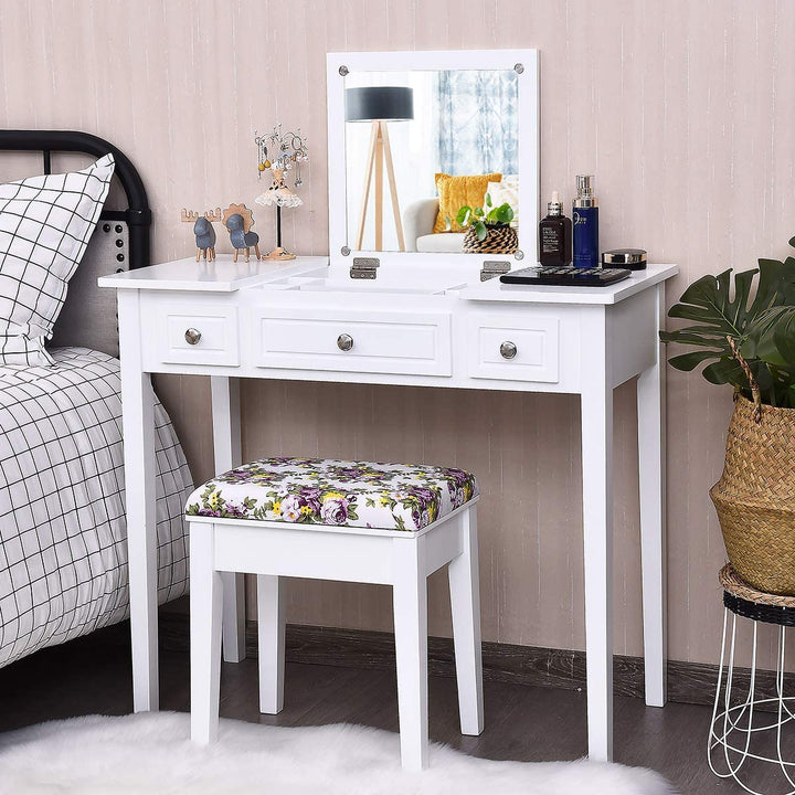 CHARMAID Vanity Set with Flip Top Mirror and 3 Drawers &amp;7 Compartments, White - Giantexus