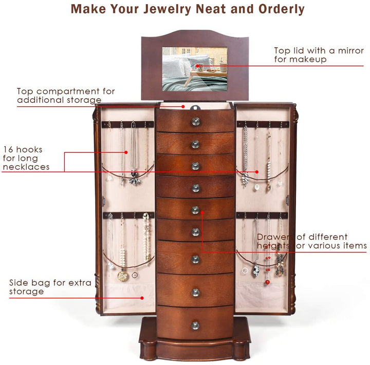 Large Jewelry Armoire Cabinet with 8 Drawers &amp; 2 Swing Doors - Giantex