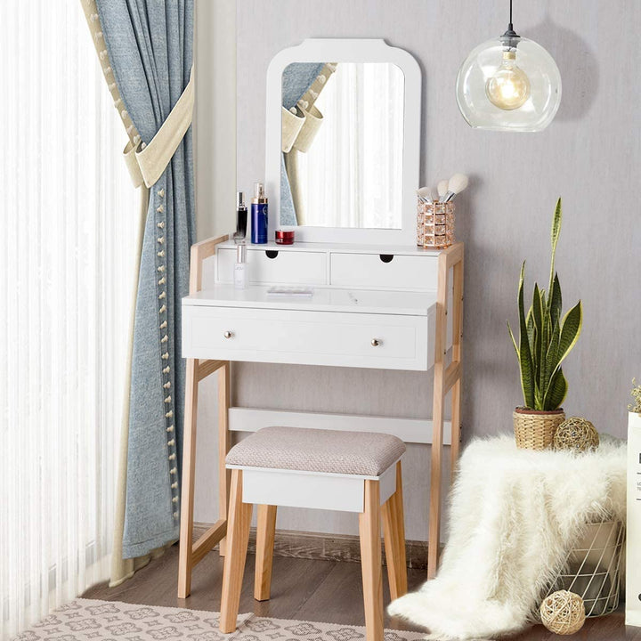 CHARMAID Vanity Set with 2-Tier Tabletop &amp; 3 Drawers, 25inch Dressing Table with Large Mirror and Cushioned Stool - Giantexus