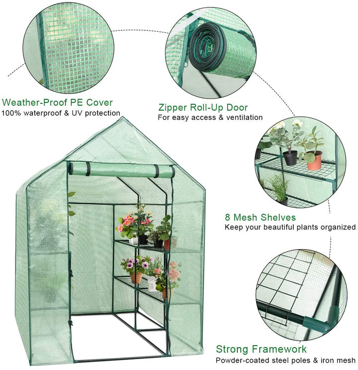 Outdoor Portable Greenhouse Mini Walk in 3 Tiers 8 Shelves Stands
