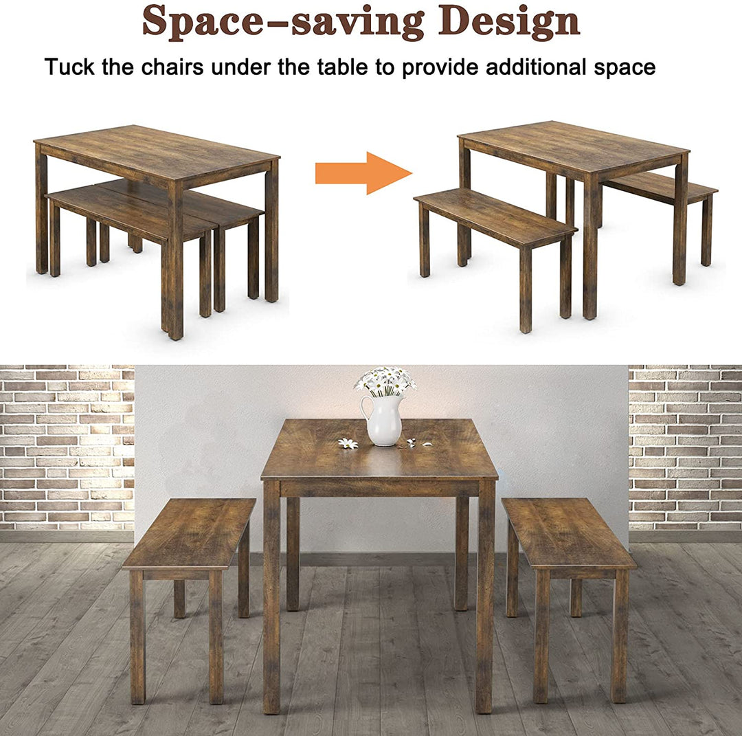 Wooden 3 Pcs Kitchen Dining Room Furniture for 4, Modern Studio Collection Table Set with 2 Benches, Dinette Set