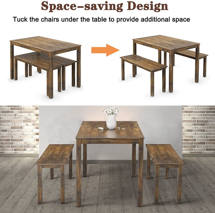 Wooden 3 Pcs Kitchen Dining Room Furniture for 4, Modern Studio Collection Table Set with 2 Benches, Dinette Set