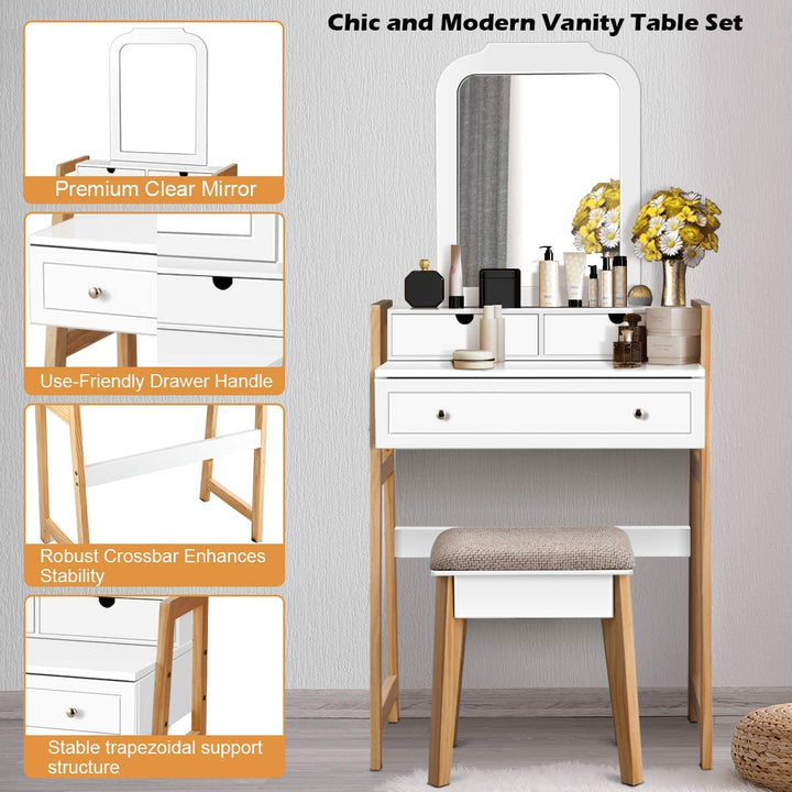 CHARMAID Vanity Set with 2-Tier Tabletop &amp; 3 Drawers, 25inch Dressing Table with Large Mirror and Cushioned Stool - Giantexus