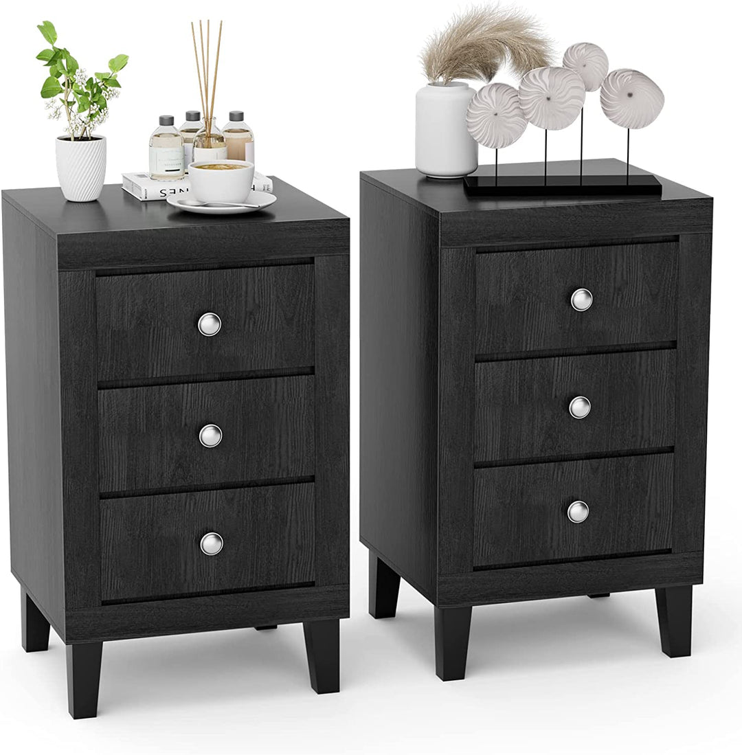 Giantex Nightstand with 3 Drawers, 26.5" Wood End Side Table w/Handles &amp; Rubber Solid Wood Legs