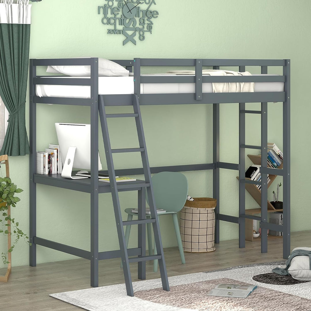 Giantex Twin Size Loft Bed with Desk, Solid Wood Loft Bed with 2 Ladders &amp; Full Length Guardrail