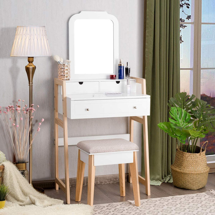 CHARMAID Vanity Set with 2-Tier Tabletop &amp; 3 Drawers, 25inch Dressing Table with Large Mirror and Cushioned Stool - Giantexus