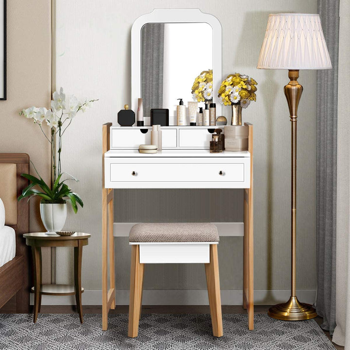 CHARMAID Vanity Set with 2-Tier Tabletop &amp; 3 Drawers, 25inch Dressing Table with Large Mirror and Cushioned Stool - Giantexus