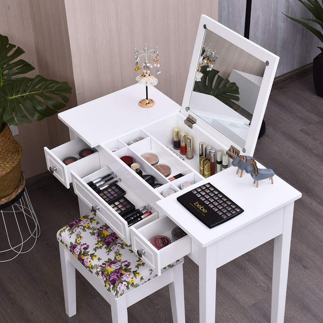 CHARMAID Vanity Set with Flip Top Mirror and 3 Drawers &amp;7 Compartments, White - Giantexus