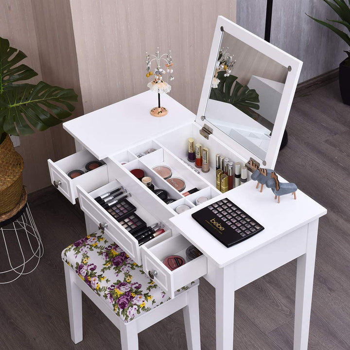 CHARMAID Vanity Set with Flip Top Mirror and 3 Drawers &amp;7 Compartments, White - Giantexus