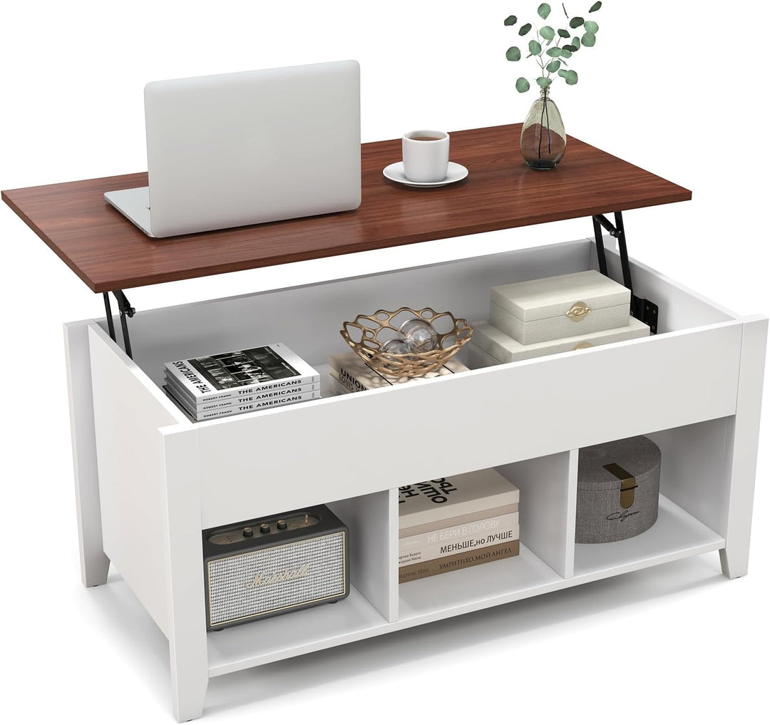Giantex Lift Top Coffee Table - Rectangular Wooden Table w/Hidden Compartment &amp; Open Storage Shelves