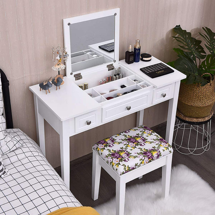 CHARMAID Vanity Set with Flip Top Mirror and 3 Drawers &amp;7 Compartments, White - Giantexus