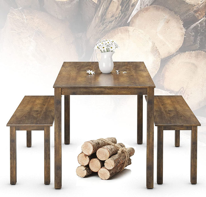 Wooden 3 Pcs Kitchen Dining Room Furniture for 4, Modern Studio Collection Table Set with 2 Benches, Dinette Set