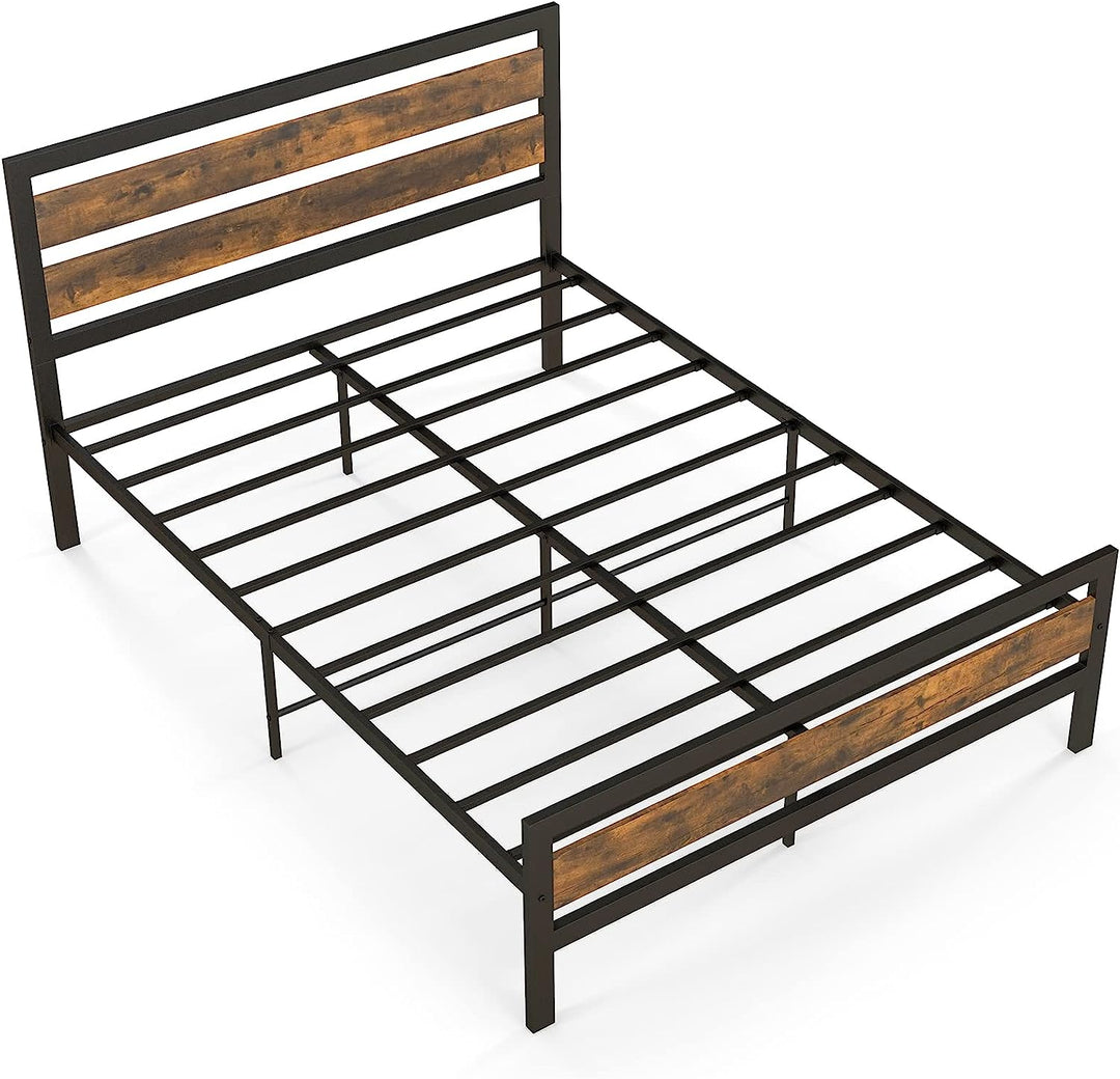 Giantex Queen Metal Platform Bed Frame with Wooden Headboard &amp; Footboard, Rustic Brown