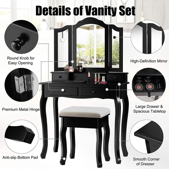 Vanity Table Set with Tri-Folding Mirror and 4 Drawers - Giantexus