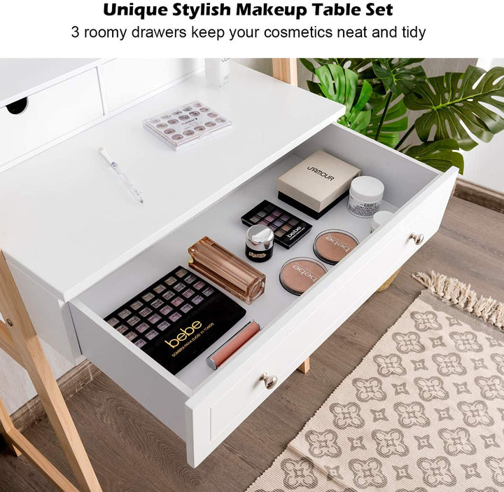 CHARMAID Vanity Set with 2-Tier Tabletop &amp; 3 Drawers, 25inch Dressing Table with Large Mirror and Cushioned Stool - Giantexus